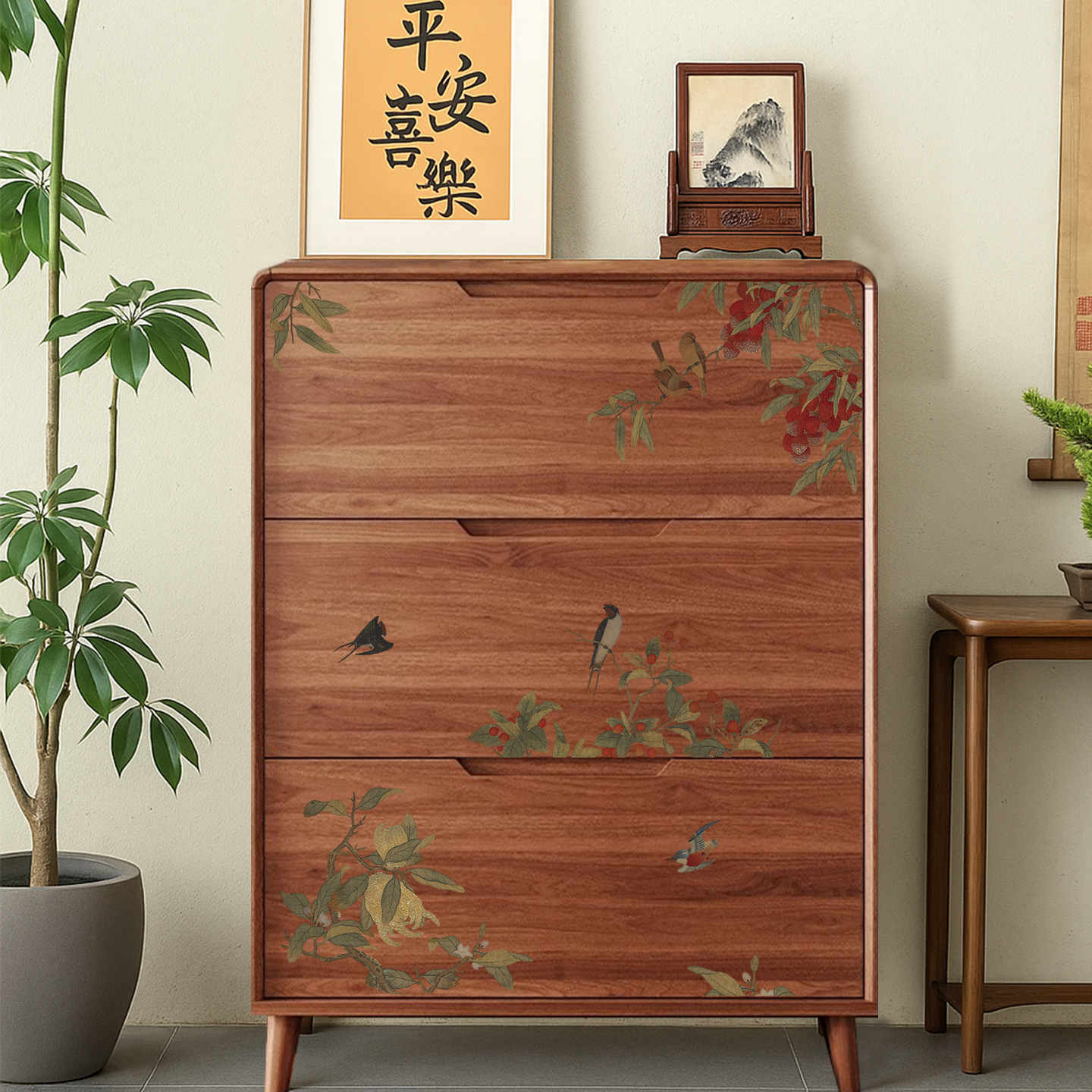 新中式花鸟实木鞋柜2025款