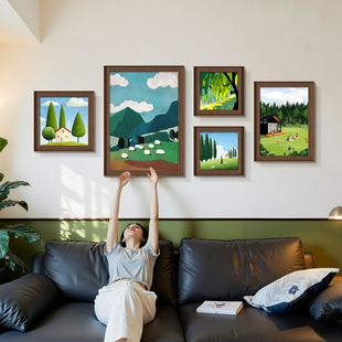 背有靠山中古风客厅装 复古油画沙发背景墙挂画组合壁画 饰画法式