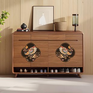 新中式鞋柜家用门口收纳柜一体靠墙入户实木进门柜子分层隔板鞋架