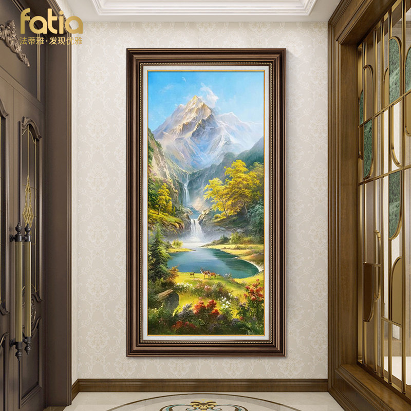 美式入户玄关装饰画客厅挂画欧式聚宝盆山水风景油画走廊过道壁画