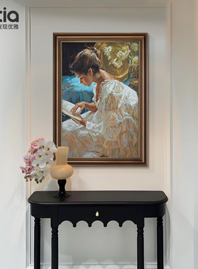 法式挂画玄关装饰画美式复古客厅纯手绘油画少女看书人物走廊壁画