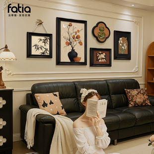 沙发背景墙挂画中古风客厅装 饰画柿柿如意复古油画组合高级感壁画
