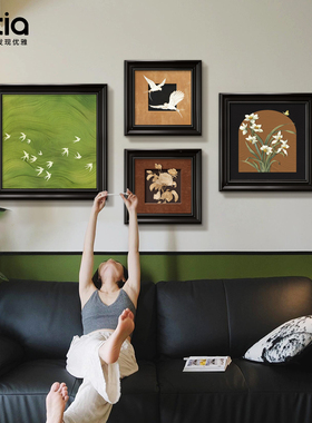 中古风挂画客厅沙发背景墙装饰画宋代美学法式复古组合壁画高级感