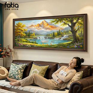 聚宝盆山水画靠山图美式 饰画沙发背景墙挂画日照金山油画 客厅装