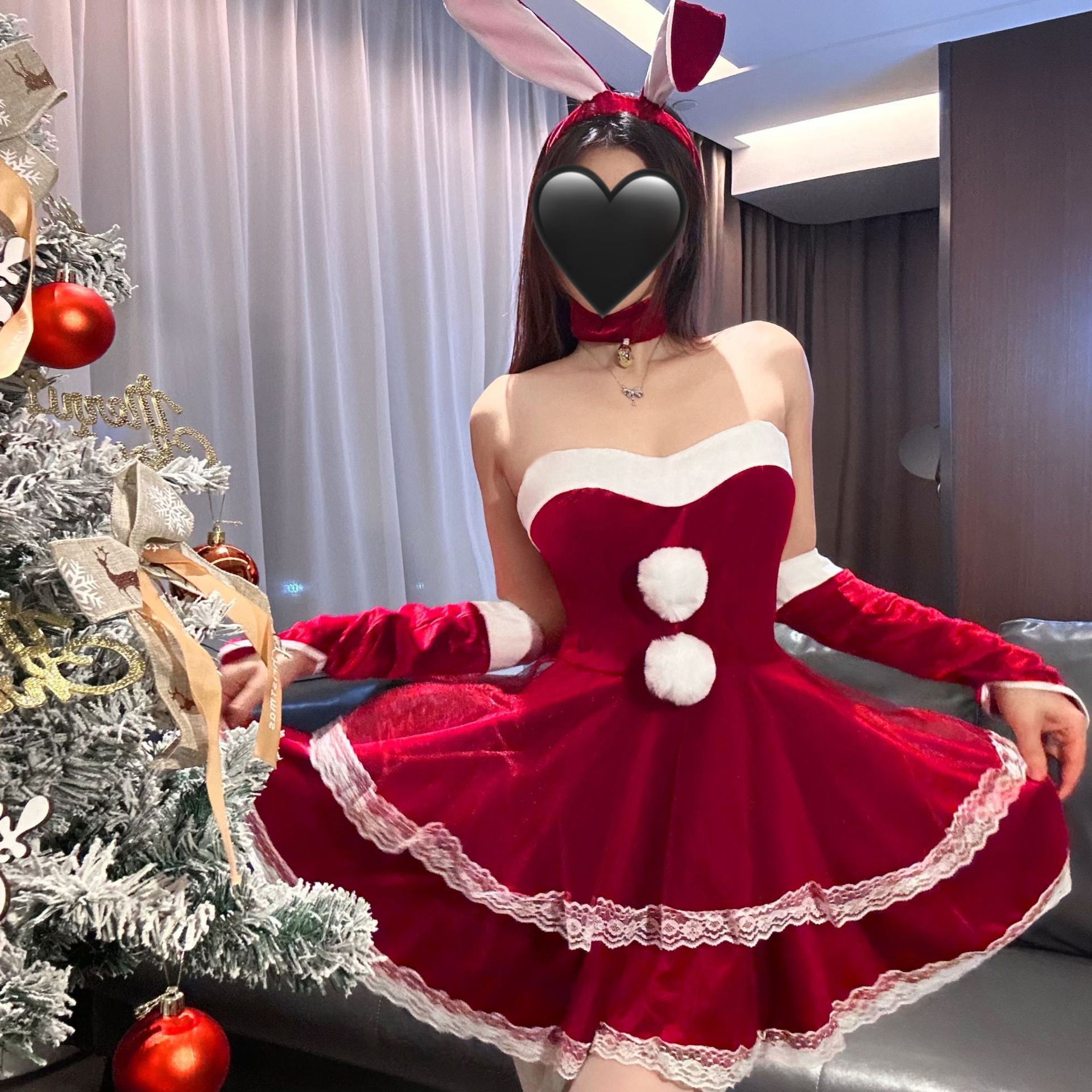 内衣女性感丝绒圣诞装兔女郎纯欲蕾丝连衣裙套装新年战袍