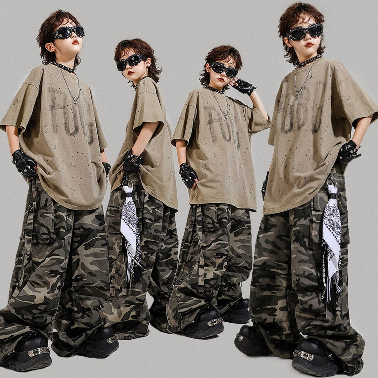 儿童hiphop表演破洞牛仔长裤亮皮男女童男童breakingpoping街舞