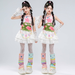 女童街舞服演出服潮装白色黑色蛇年表演服装收腰格子舞蹈服皮裤