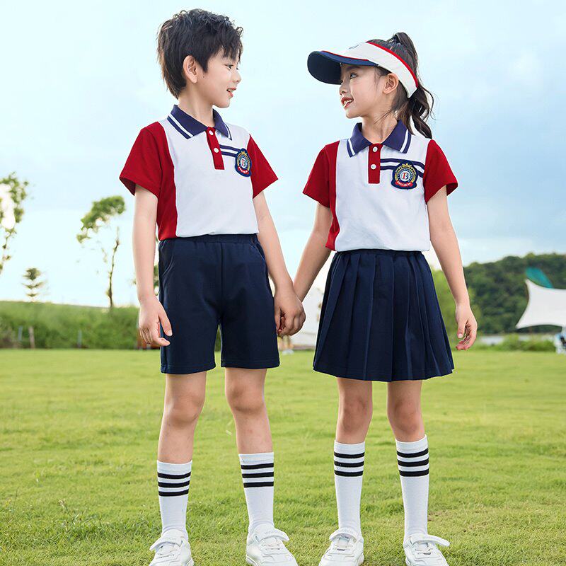 运动风校服男童两件套小学生校服薄款教师合唱男女童红色经典短裙
