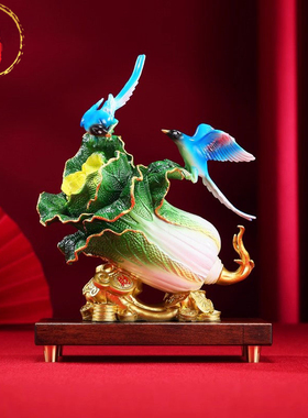 黄铜喜得百财喜鹊白菜桌面摆件