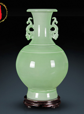 威弗列德景德镇陶瓷器仿古青釉双耳花瓶插花客厅博古架装饰品摆件