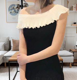 2025春夏荷叶边一字领无袖锁骨醋酸冰丝针织衫法式女上衣露肩T恤