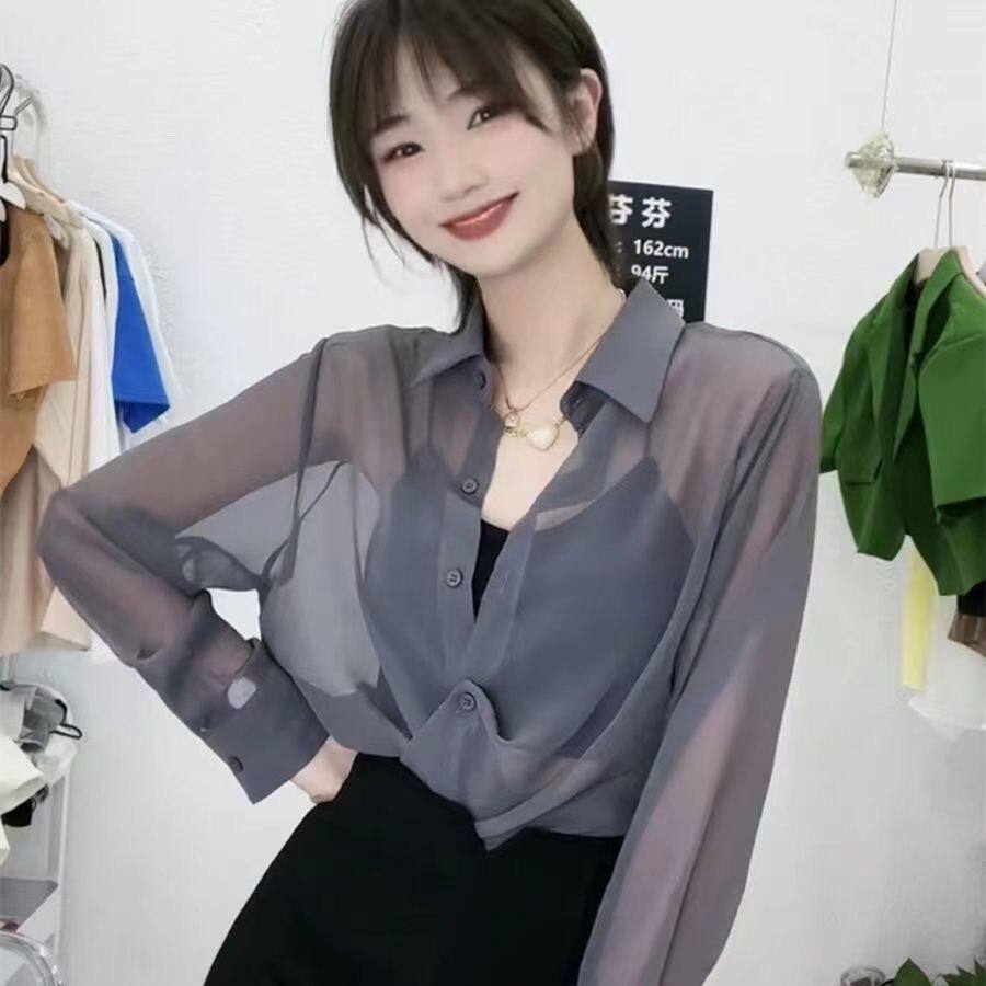 网纱翻领衬衣夏季防晒衫