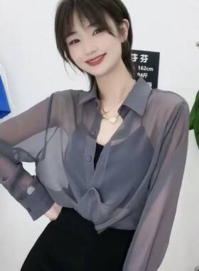 网纱翻领衬衣夏季防晒衫