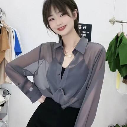 网纱翻领衬衣夏季防晒衫女珠光纱雪纺衬衫女薄款透视网纱宽松时尚