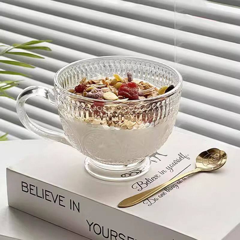 特别好看的玻璃杯太阳花玻璃早餐杯复古浮雕燕麦牛奶杯家用大容量