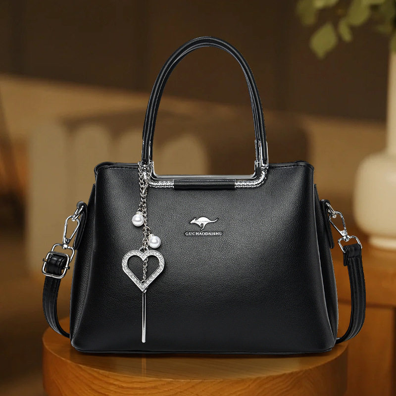 黑色羊皮纹真皮手提包女2026新款时尚妈妈包大容量单肩包斜挎女包