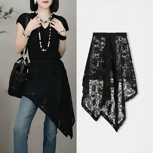 韩国蕾丝屁帘女2025新款 不规则下摆叠穿裙子镂空高腰半身短裙 薄款