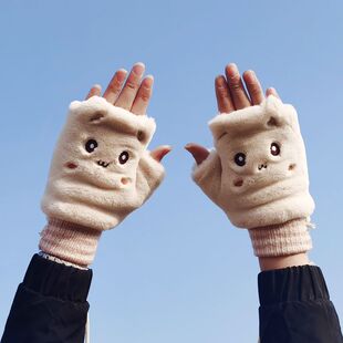 冬天不冻手神器半指手套女冬可爱韩版加厚保暖学生写字卡通露指翻
