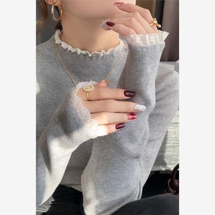 带花边针织衫灰色蕾丝边打底衫女早秋季内搭2025新款高级感黑色上