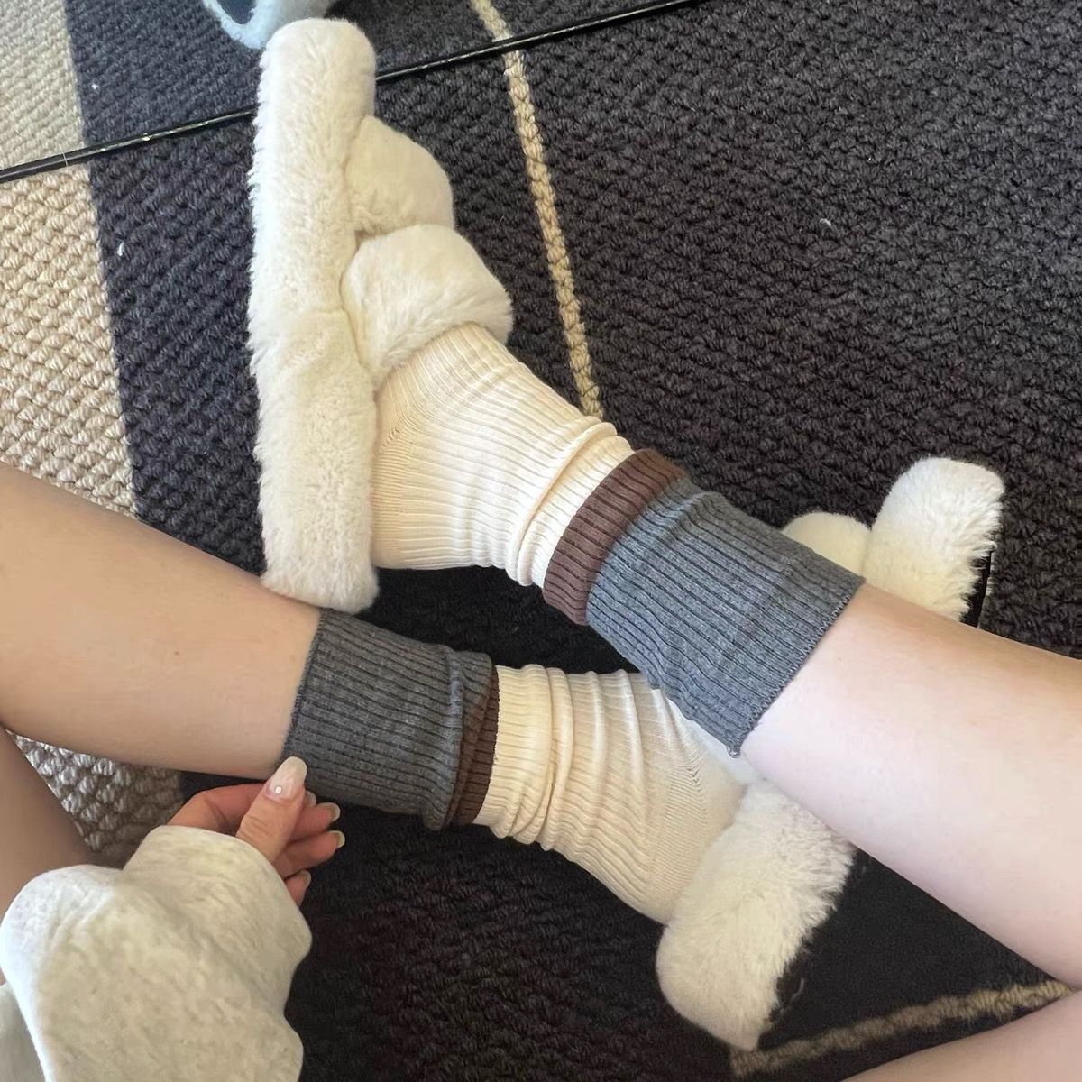 袜子中筒叠穿复古双针拼