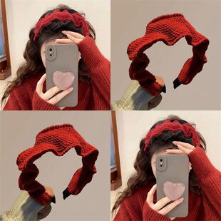 红色元素配饰高颅顶褶皱毛线宽版发箍头箍女复古红色针织发卡头饰