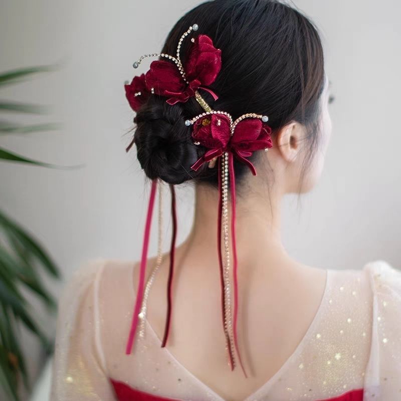 订婚宴头饰新款新娘酒红色头饰丝绒花蝴蝶结敬酒服发饰结婚订婚饰