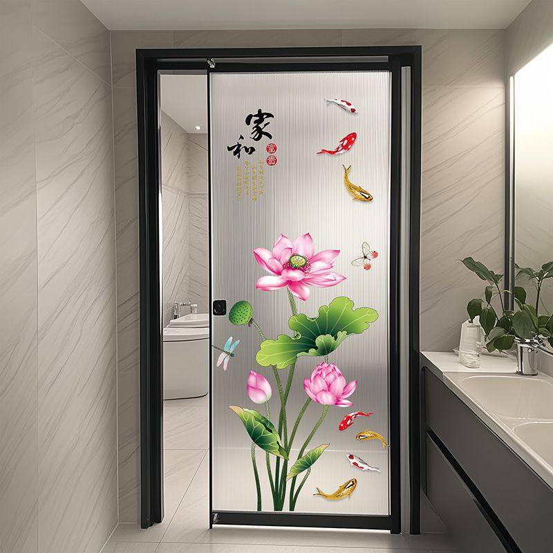 卫生间门贴纸高级感卫生间单门贴纸荷花莲嬉锦鲤墙贴浴室门装饰防
