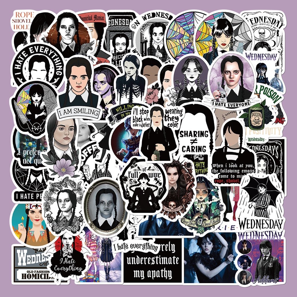 50张新款美剧wednesday addams星期三贴纸笔记本电脑行李箱贴画