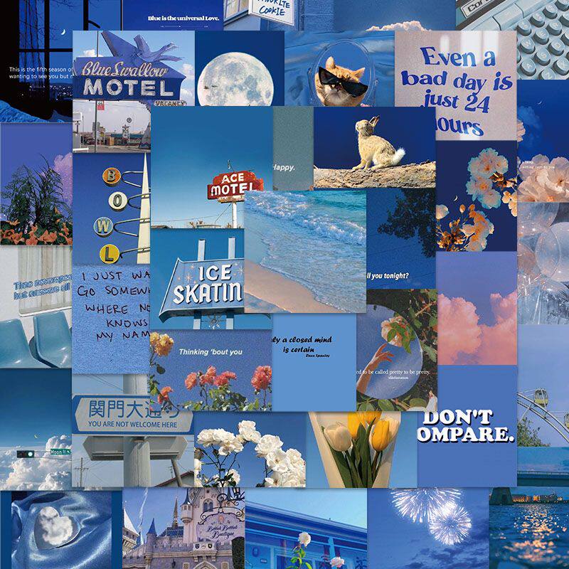 62张ins风蓝色氛围贴画个性创意手账吉他手机壳diy防水装饰 贴纸