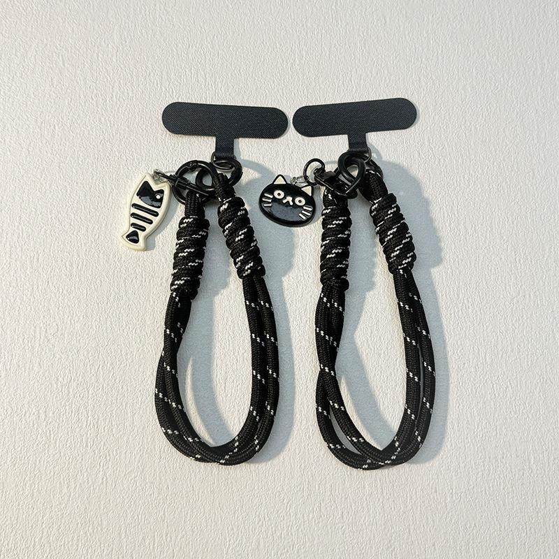 手腕上手机挂绳ins暗黑猫咪咸鱼小吊坠编织绳短款手机夹片挂绳腕