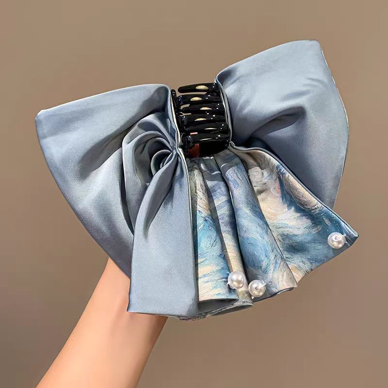 盘头发饰品2025新款新中式淡雅印花缎面珍珠马尾夹气质温柔盘发夹