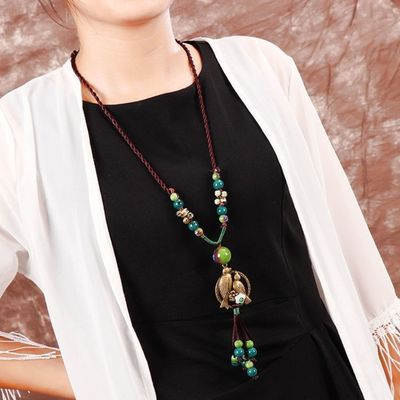 毛线衣项链民族风女士长款毛衣链项链吊坠秋季果实红色珠叶子陶瓷