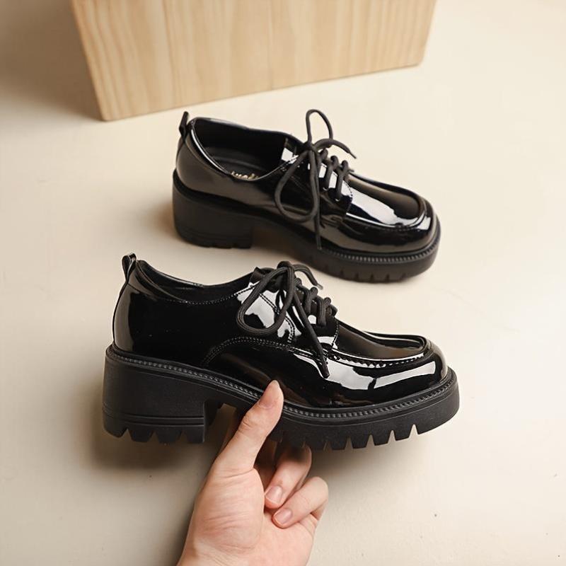 Women's Platform Chunky Heel Oxfords Black Square Toe Lace