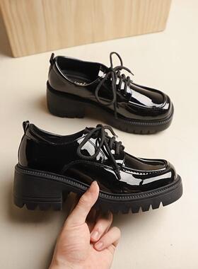 Women's Platform Chunky Heel Oxfords Black Square Toe Lace