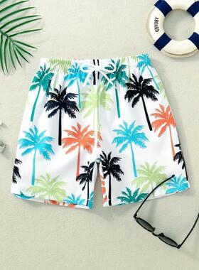 Boys Swim Trunks Plam Trees Print Drawstring Elastic Waist