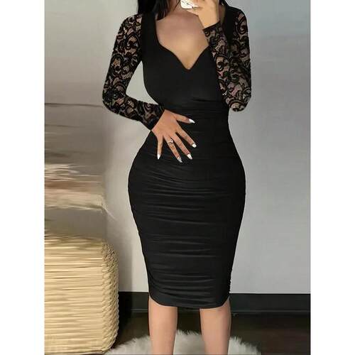 E 7310 Deep V Lace Sleeve Dress 蕾丝袖连衣裙