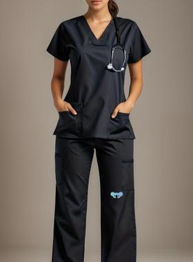 women's V Neck Scrub Top Pants set Red Micro Elastic