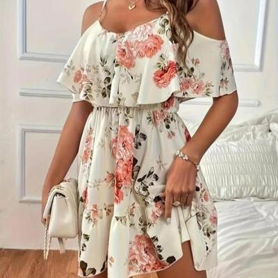 Women's Floral Print Ruffle Trim A Line Spaghetti rap