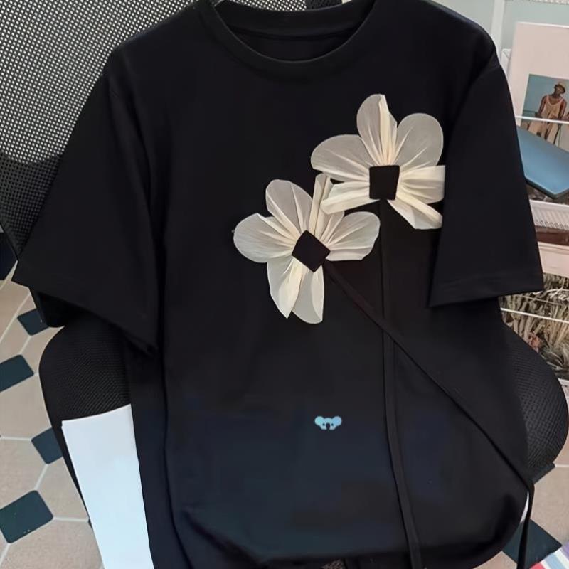 Women's Chic Floral T Shirt Black retchy PolyesterT恤