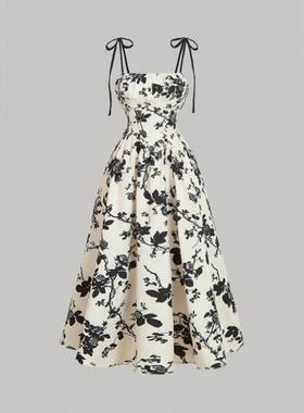 跨境 Women Dresses 女式杏色底黑色剪影花朵印花吊带背心