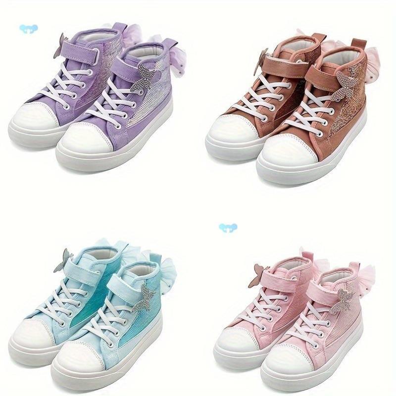 Girls' Sparkling Sequin High Top Canvas Sneakers wh跨境