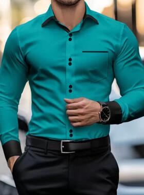 V 99270 外贸秋季新款跨境代发男士纯色前襟纽扣开襟长袖口袋衫