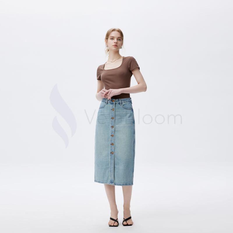 Women's button front denim skirt high waist midi