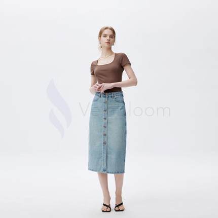 Women's button front denim skirt high waist midi