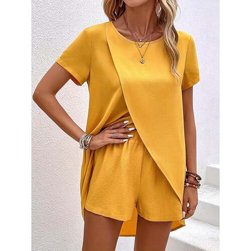 X 48121 Solid Color Irregular Top Shorts Set 纯色不规则套装