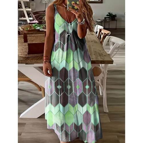 R 27791 Summer Casual Print Sleeves Dress 印花吊带连衣裙