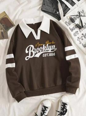 速卖通秋季外贸新款 Sweatirts 印花对比领保暖内衬卫衣长款