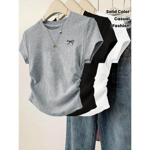 D 93979 Printed waist regular shoulder T-shirt 印花收腰正肩