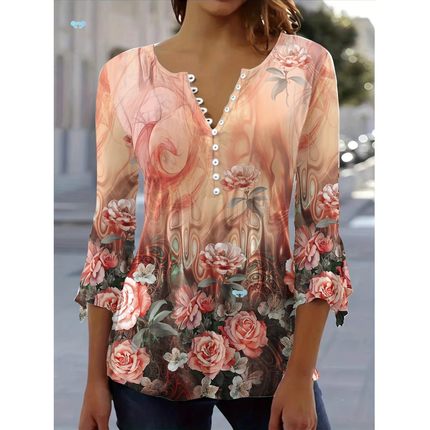 Women's Floral Print Button Front V Neck T Shirt跨境代发
