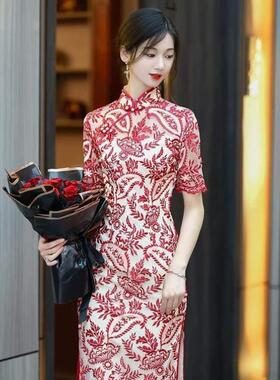 Chinese modern style leaf embroidery mid length 跨境代发